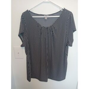 Worthington Woman Blouse 2X BlackWhite Grid Print Short Sleeve Pleated Scoop Nec